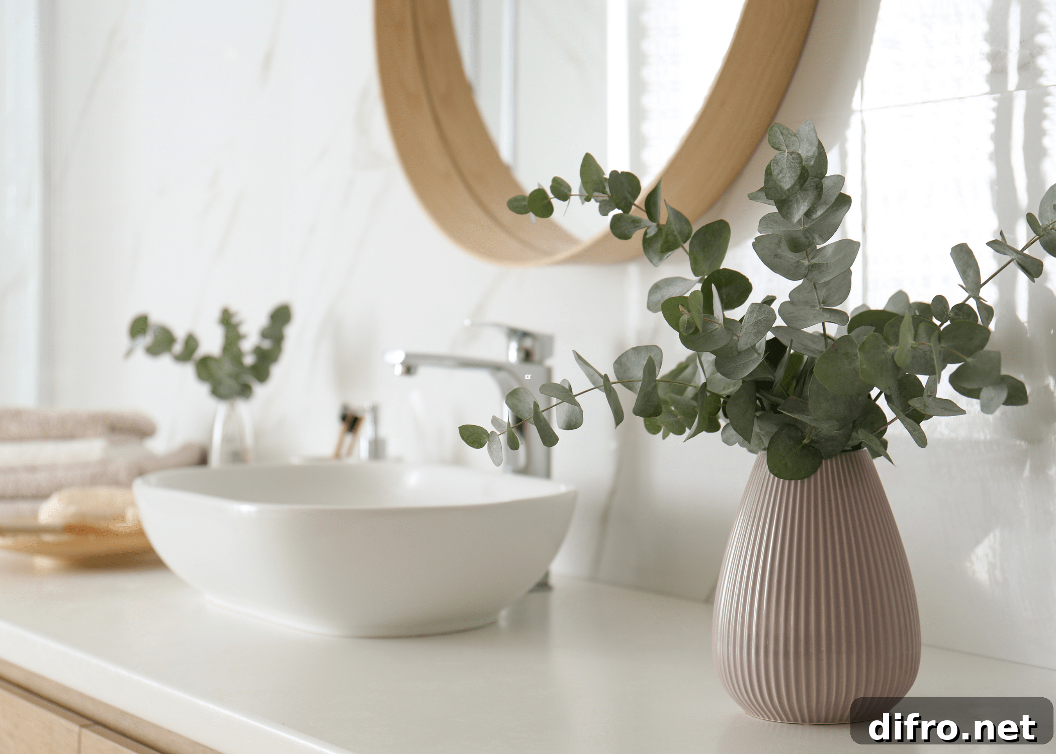 How to Choose Bathroom Countertops: Expert Tips and Materials 8 eucalyptus on bathroom counter with white bowl sink
