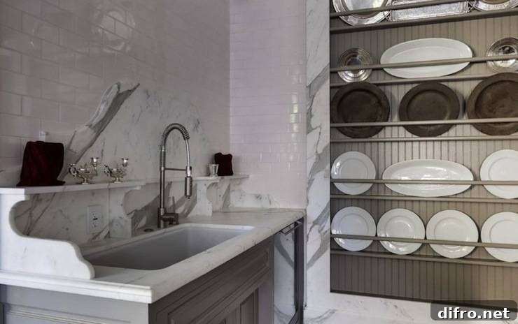 Built-in plate rack integrated into kitchen cabinetry.