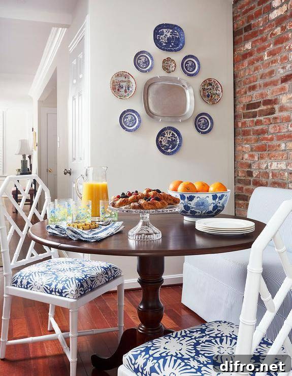 Decorative plate gallery arranged on a brick accent wall.