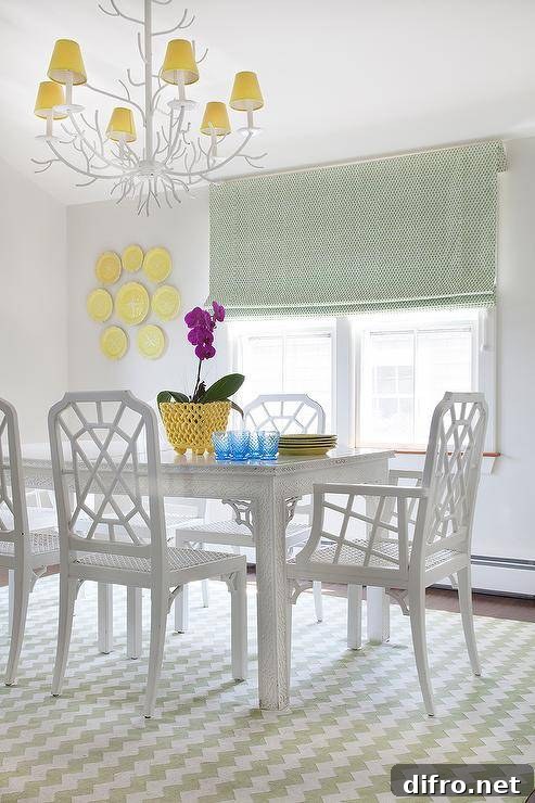 Dining room with yellow plate wall decor.