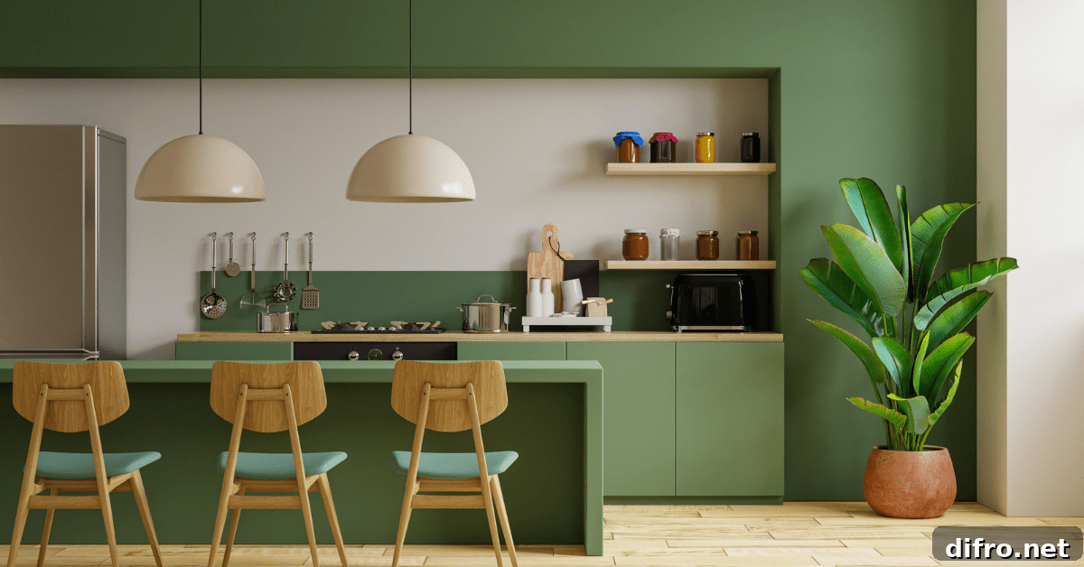 Green modern kitchen with plant.