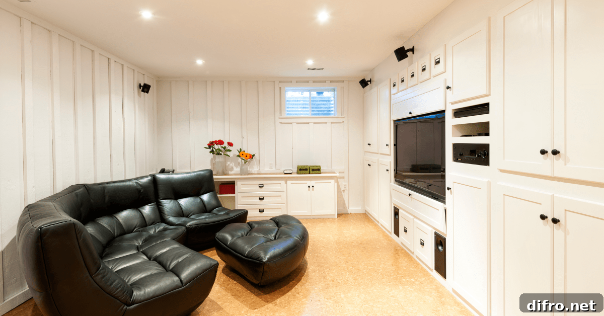 Black leather couches in a modern basement.