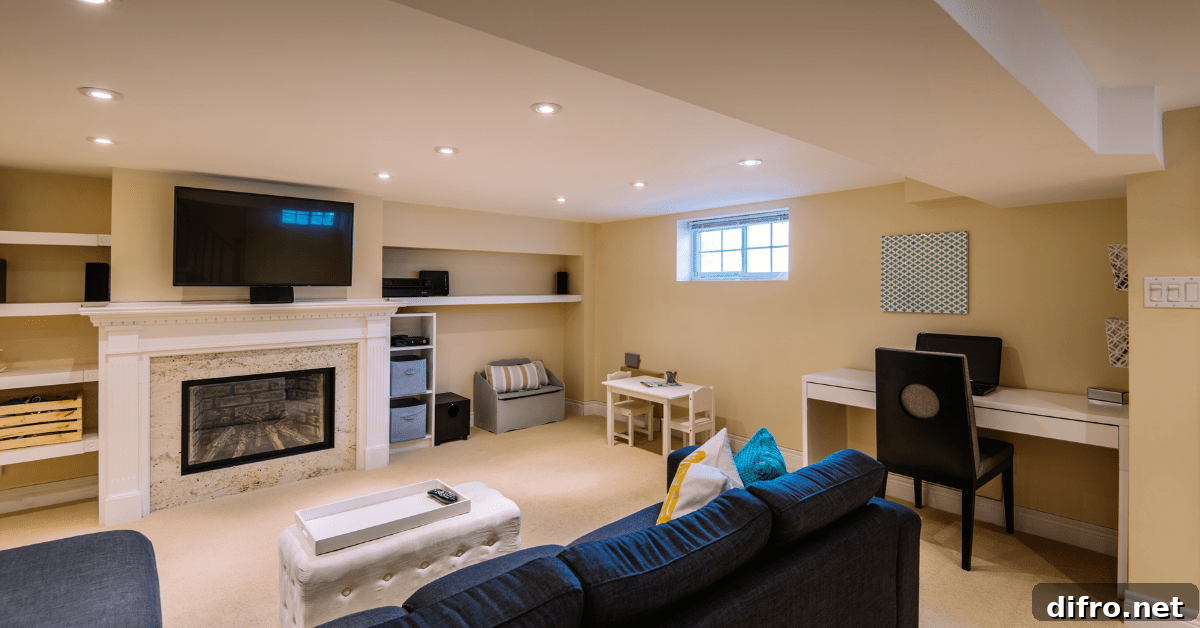 A bright modern basement with blue couch.