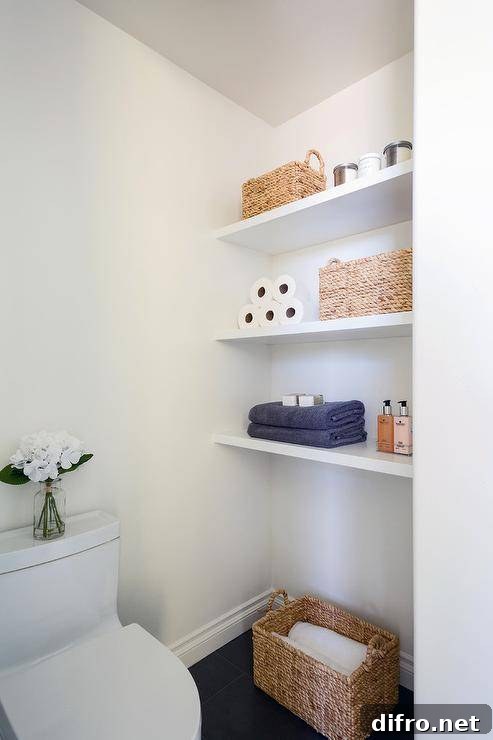 12 Clever Bathroom Storage Hacks You Haven't Tried 3 A minimalist bathroom with floating shelves and baskets