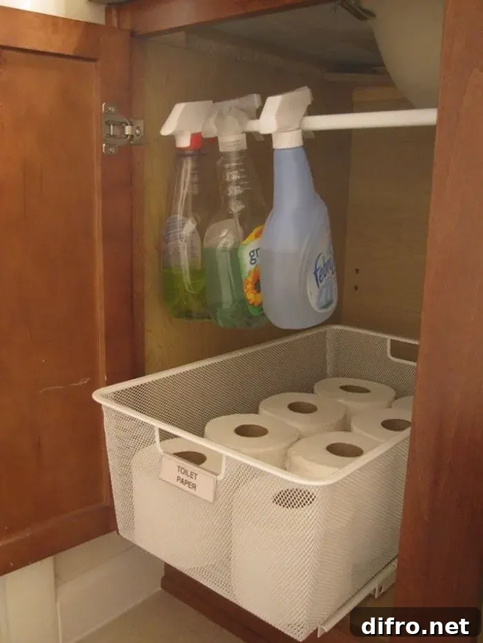 12 Clever Bathroom Storage Hacks You Haven't Tried 4 tension rod under bathroom sink with toilet paper and spray bottles
