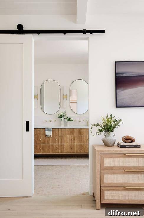 A white barn door on black rails with oil rubbed bronze hardware opens to a master bathroom.