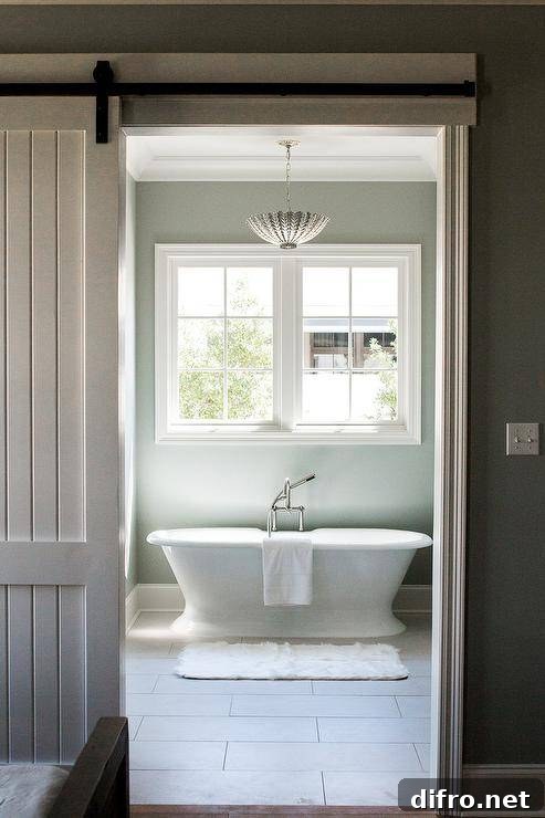 Gray plank barn doors on black metal railing in a cottage bathroom.