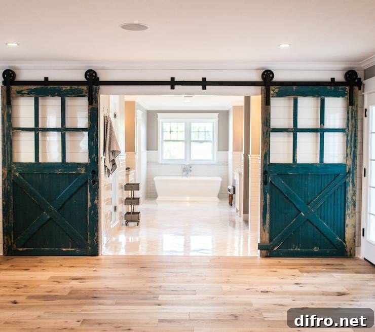 Peacock blue sliding barn doors with glass panes in a master bathroom.