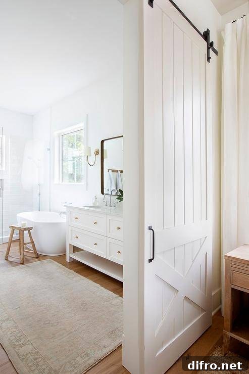 A white barn door on rails slides open to reveal a master bathroom with a vintage rug.