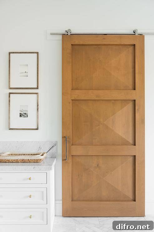 Blond wood door panels on railing combine contemporary and farmhouse appeal.