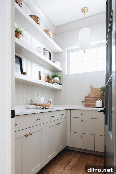 Cottage style gray small walk in pantry features gray floating shelves fixed against a gray beadboard wall over gray cabinets topped with a white quartz countertop.