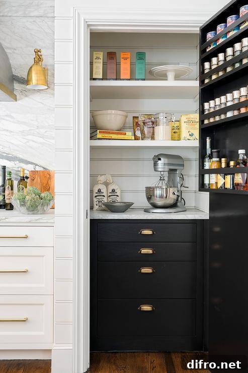 Stacked spice shelves adorn the back of a black pantry door. A black and white kitchen pantry features black cabinetry adorned with antique brass cup pulls. paired with horizontal plank backsplash.