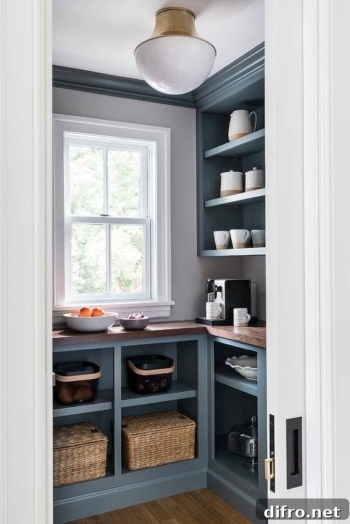 A brass semi-flush mount lights a small walk in pantry fitted with gray blue open cabinets topped with a butcher block countertop fixed beneath a window and gray-blue shelves. Walls are lined with gray-blue crown moldings.