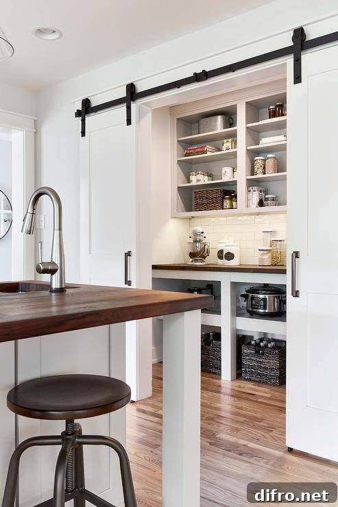 Dual white doors on oil rubbed bronze rails open to a small walk in pantry boasting white shelves positioned above a wood countertop mounted over shelves and against white staggered wall tiles.