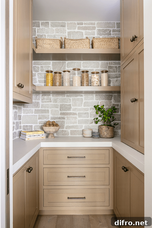 Brown floating shelves are stacked against a stone backsplash and between and over brown cabinets adorned with brass knobs.