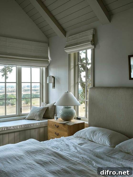 Bedroom features a built in paneled window seat and a glossy white lamp that illuminates a vintage oak nightstand with an oatmeal linen headboard under an ivory plank vaulted ceiling.