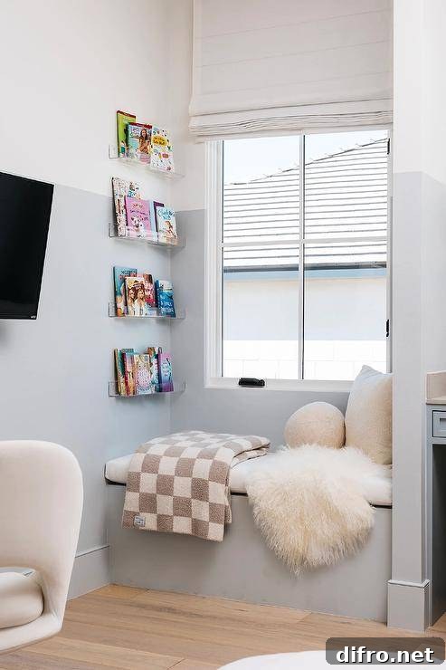 White and blue girl's room features a built in window seat with gray checkered throw under acrylic book ledges.