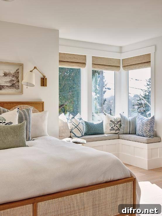 Bedroom features an L shaped window seat bench accented with blue pillows and a vintage wood and cane bed.