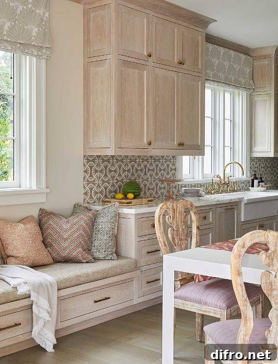 Welcoming kitchen features a brushed oak built-in window seat donning drawers with brass pulls and topped with a tan seat cushion complemented with an assortment of pillows.