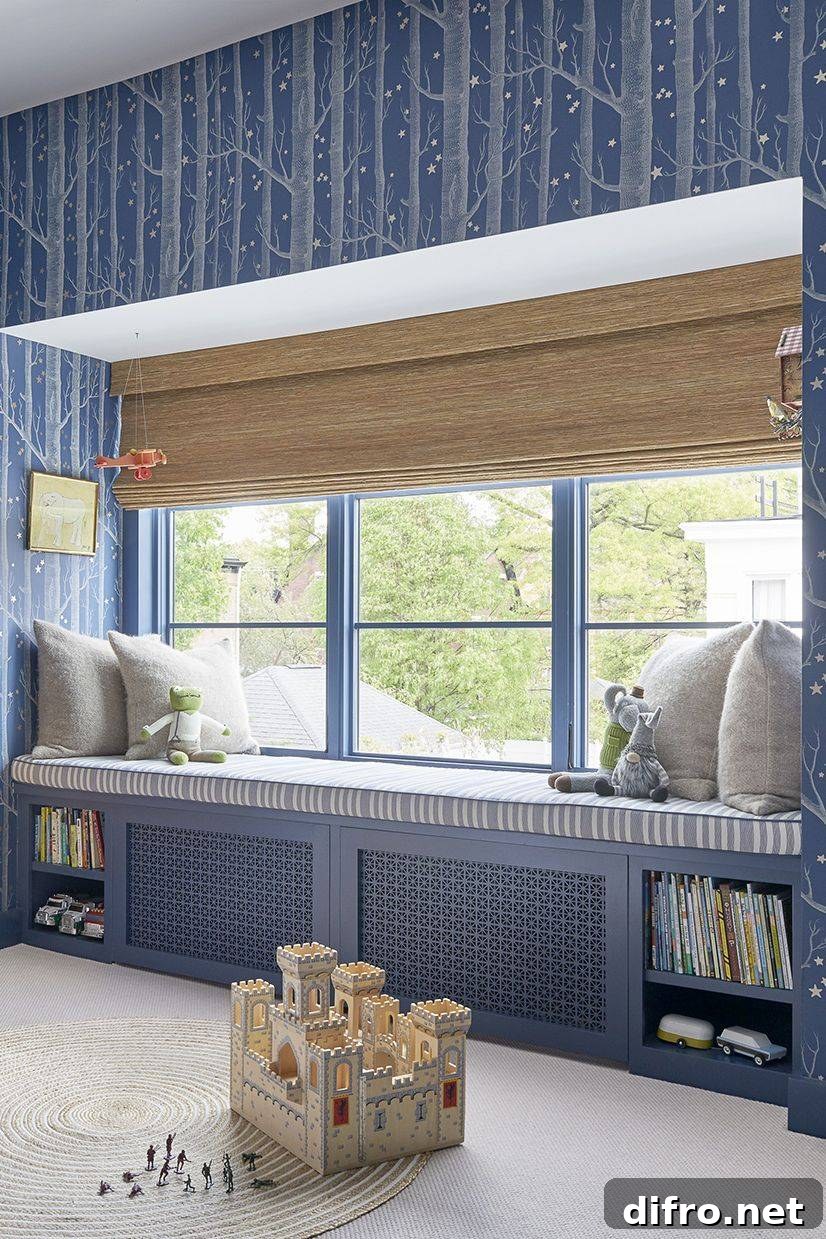 window seat blue room with book shelves built in kids room