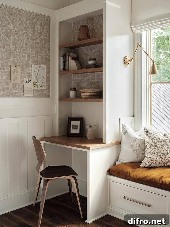 Brown wooden shelves are mounted over a wood top kids desk matched with a wood desk chair and fixed beside a storage window seat lit by brass swing arm sconces fixed above an orange tufted cushion.