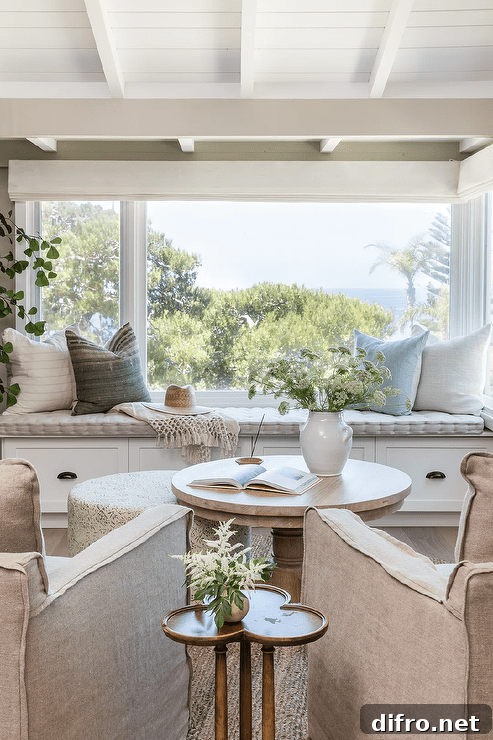 Natural light streams in from windows located over a built-in window seat fitted with drawers donning oil rubbed bronze cup pulls and topped with a light gray cushion.
