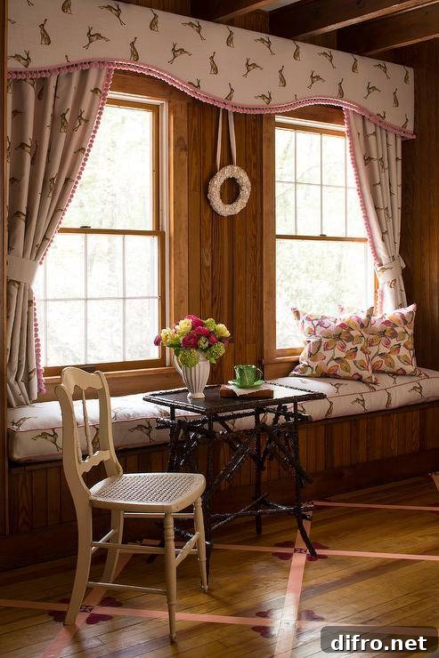 Vintage style bedroom features a black bamboo accent table with white French cane seat chair next to a built in window seat with rabbit print cushion under a rabbit print valance with matching curtains.
