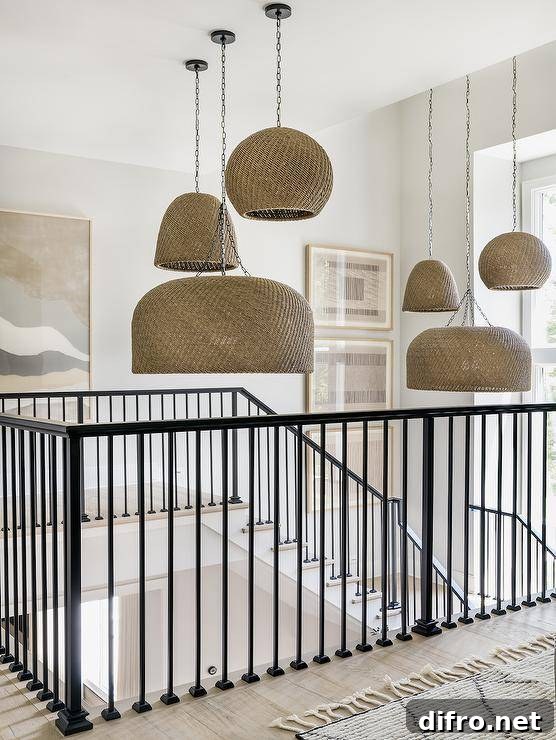 Cottage style iron staircase is illuminated by staggered basket pendants.