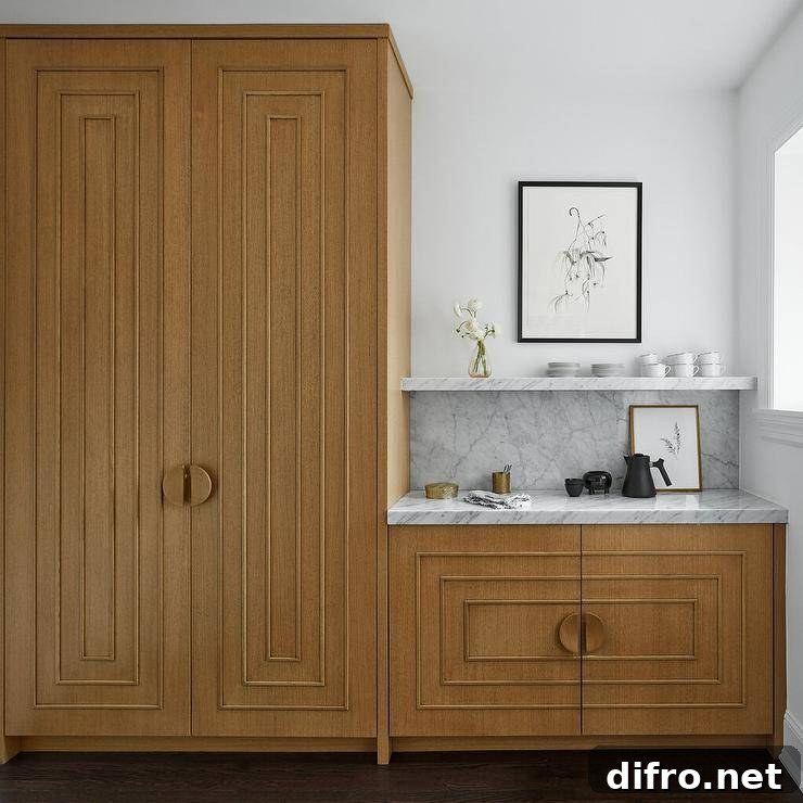 Chic pantry features gold, art deco style cabinets adorned with half moon, brass hardware. A marble backsplash and shelf sits over a coffee station.