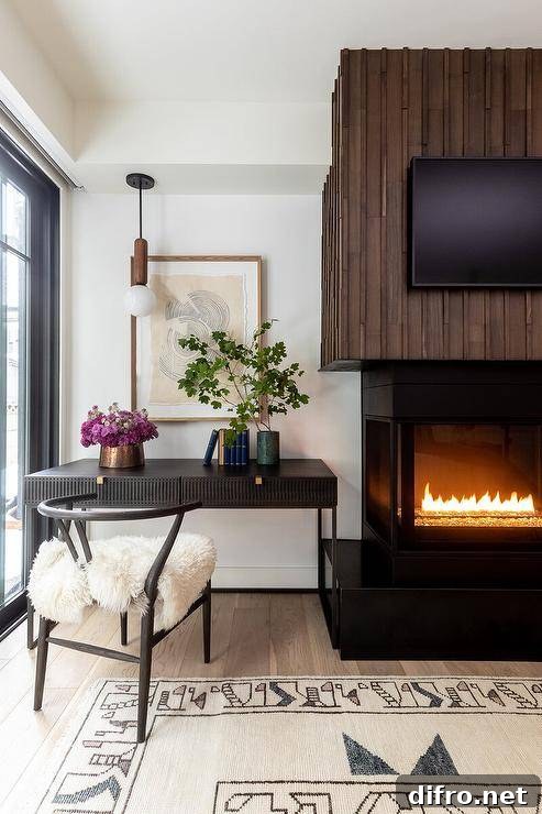 Black desk with black wishbone chair sits next to vintage style fireplace.