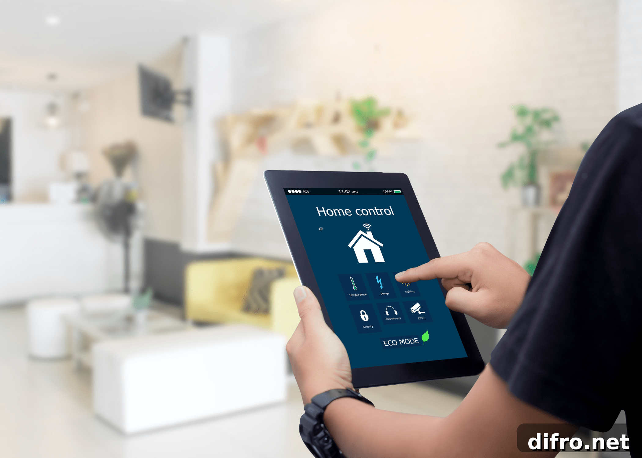 Person looking at tablet for smart home controls