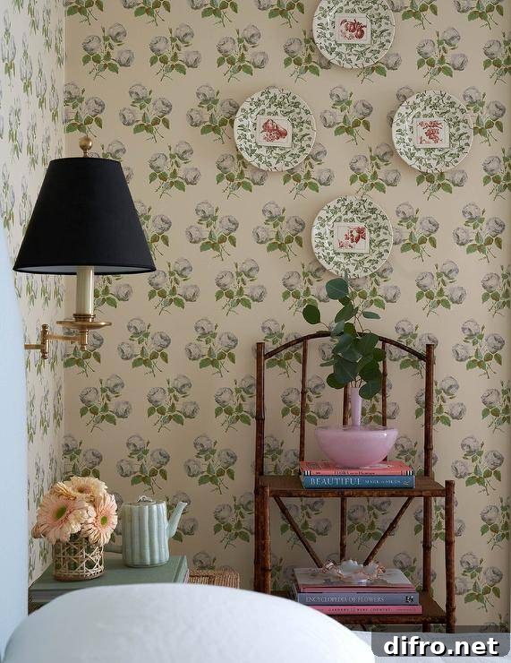 Cottage bedroom with decorative wall plates on a shabby chic floral wallpaper wall.