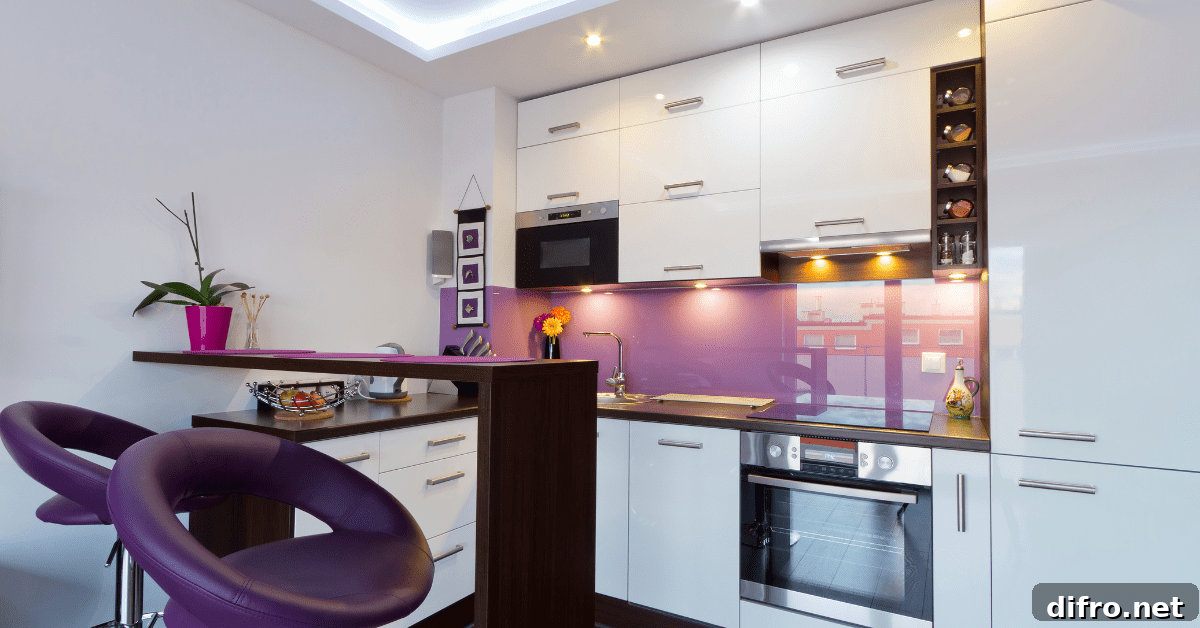 White and purple kitchen.
