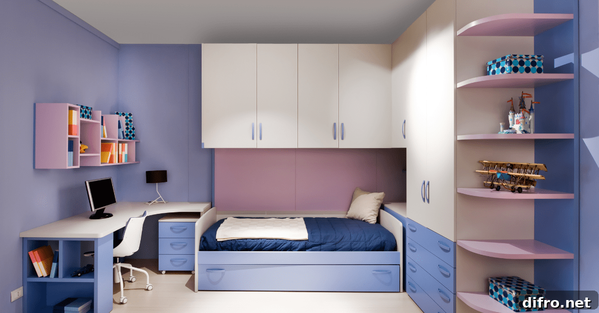 A blue and purple bedroom.