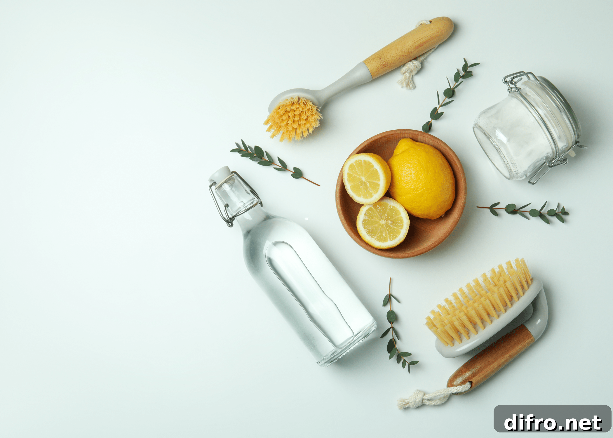 flat lay of lemon vinegar and baking soda with scrub brushes