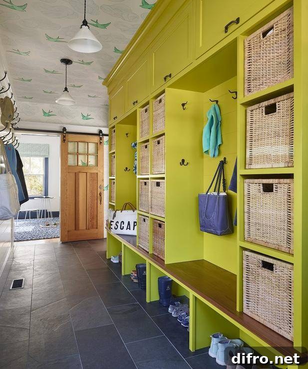 Fixed against slate floor tiles and lit by vintage black and white lanterns hung from a ceiling clad in Hygge & West Daydream Wallpaper, a neon yellow mudroom bench with a stained wood top is built-in beneath open neon yellow fitted with oil rubbed bronze hooks mounted to a neon yellow shiplap backsplash. The lockers are flanked by stacked cubbies filled with woven bins positioned under neon green cabinets.
