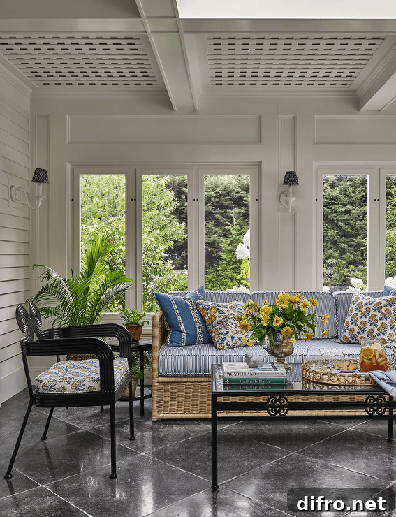Sunroom features a rattan sofa with blue striped cushions accented with yellow floral pillows, a wrought iron coffee table and a glossy black accent chair atop black diamond pattern floor tiles under a lattice ceiling.