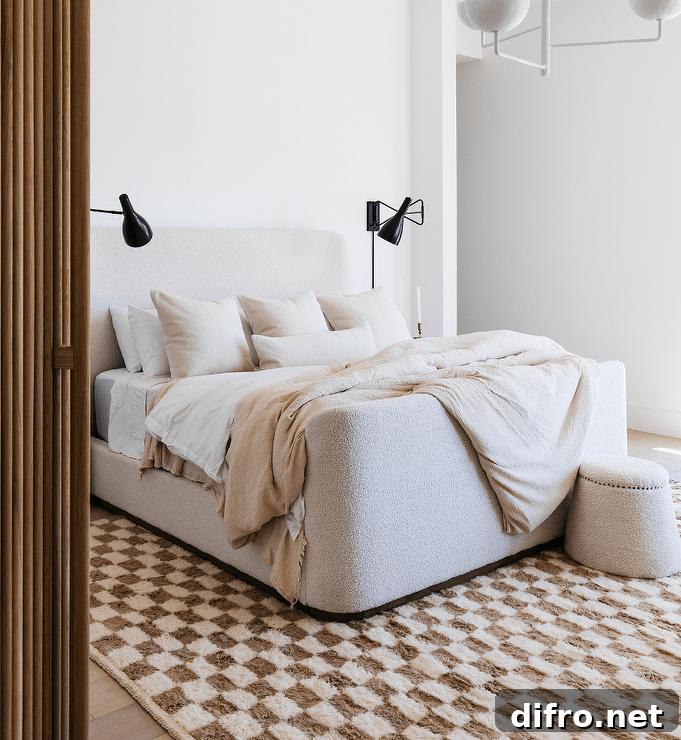 Bedroom features an ivory boucle wingback bed on a brown checkered wool rug, lit by black black sconces.