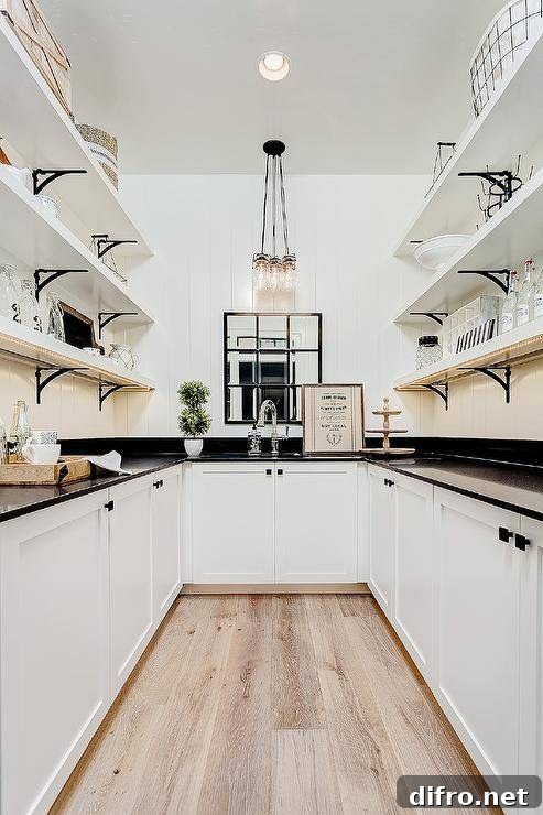 Black and white U-shaped cottage style pantry with white vertical shiplap walls boasts white shelves with brass brackets and custom shelf lighting, white cupboards with oil-rubbed bronze square knobs, lit by a vintage glass bottle chandelier.