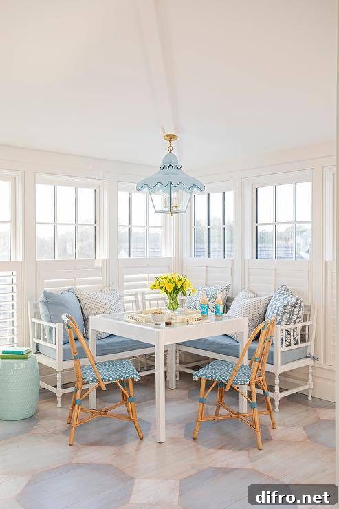 Blue French bistro chairs are placed at a white game table positioned on a painted octagon floor in front of an l-shaped white settee topped with blue cushions and white and blue pillows. The table is illuminated by a blue pagoda lantern and positioned in front of window covered in white cafe shutters.