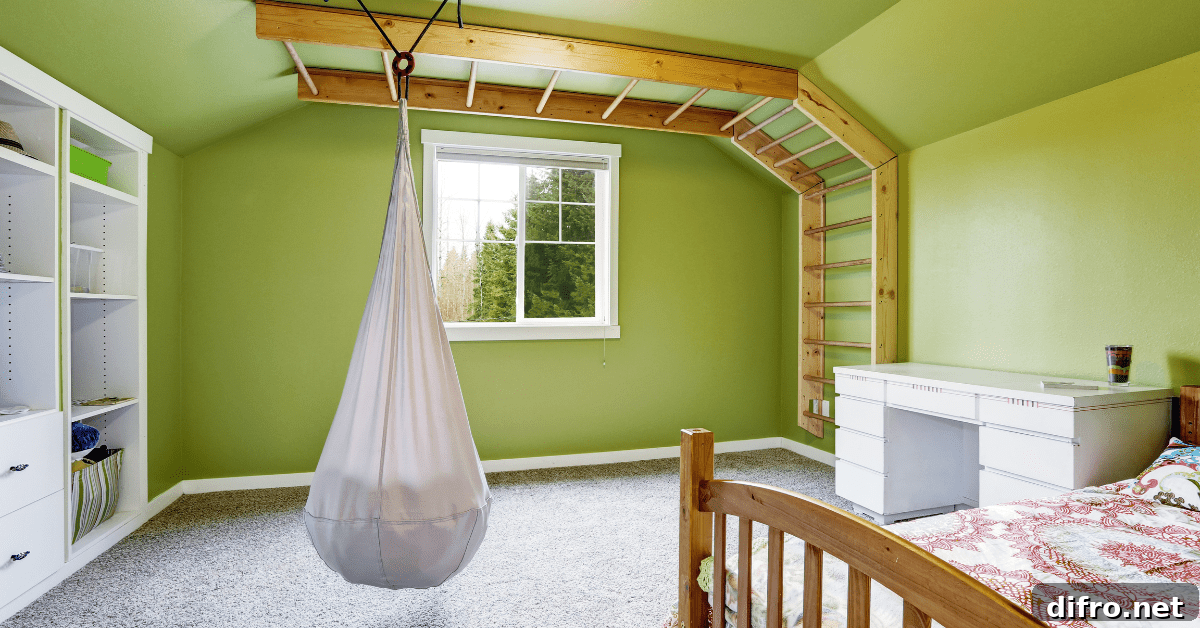 A fabric hanging chair in a green bedroom.