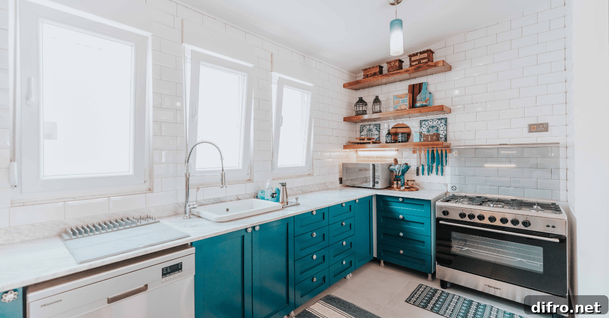White and blue kitchen with wooden floating shelves.