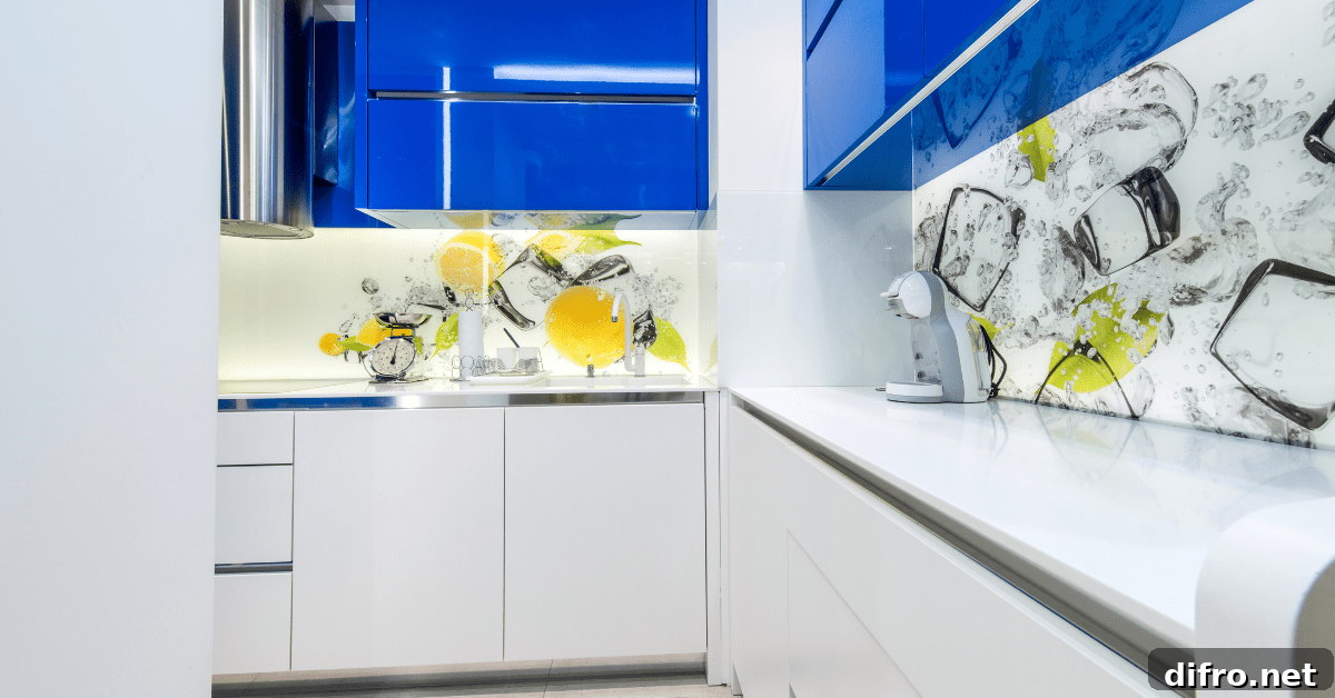 A kitchen with blue and white theme.