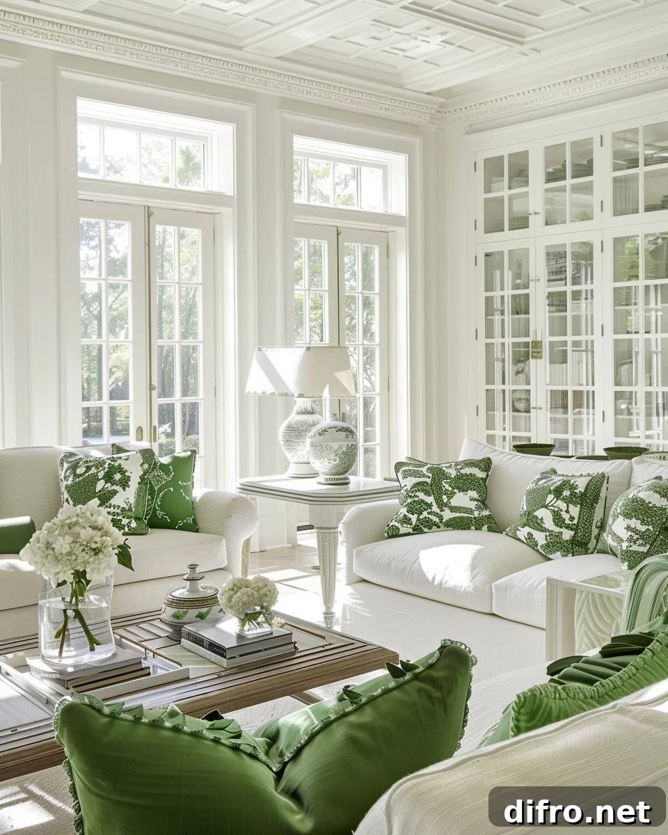 green and white coastal living room decor