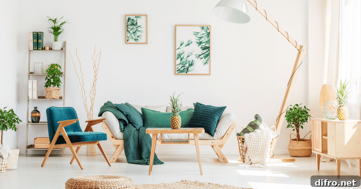 A modern living room with green and earthy accents.