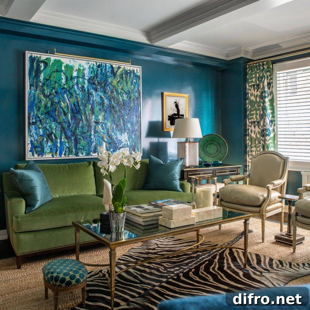 jewel tone and emerald green living room design
