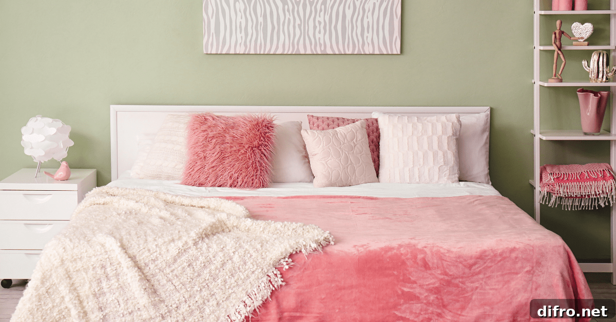 Pastel bedroom accents with green walls.
