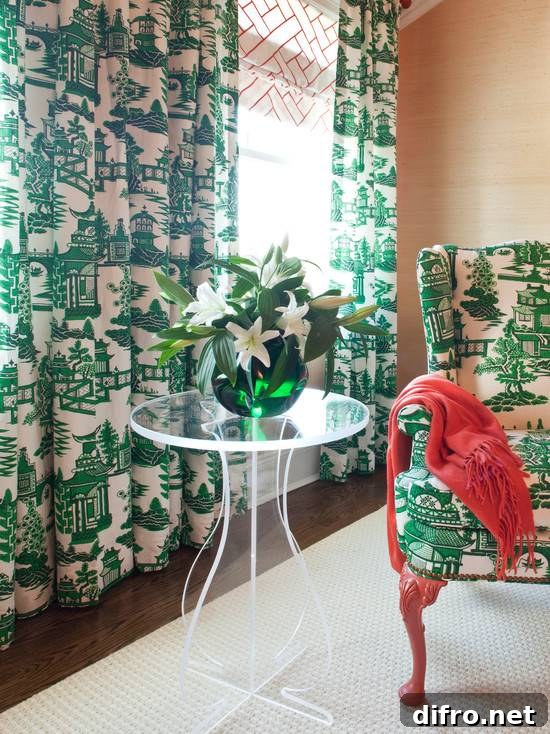 Bedroom nook featuring Chinoiserie fabric and toile drapes.