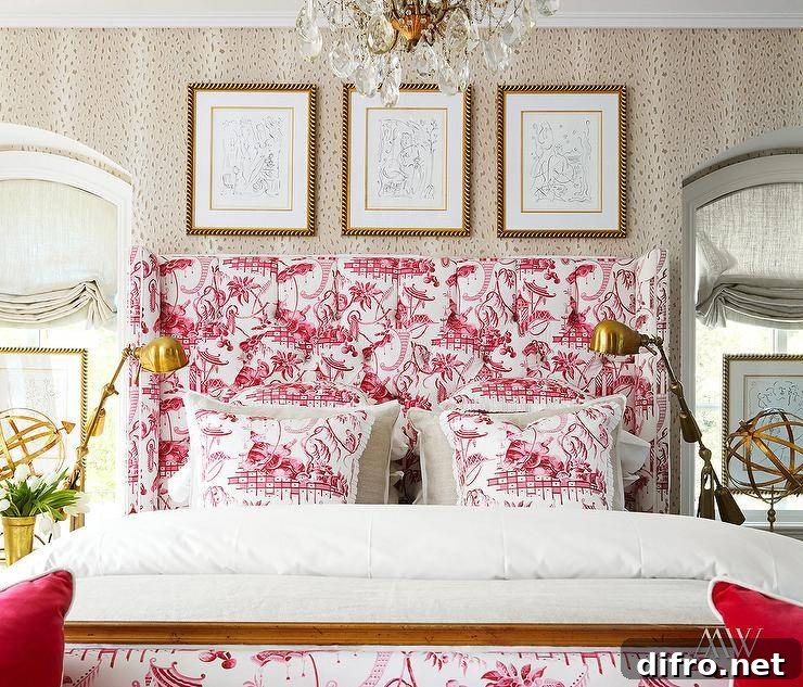 Pink pagoda toile pillows and headboard in a layered bedroom.