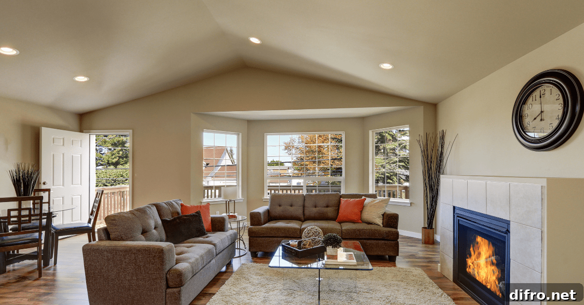 A living room with vaulted ceiling.